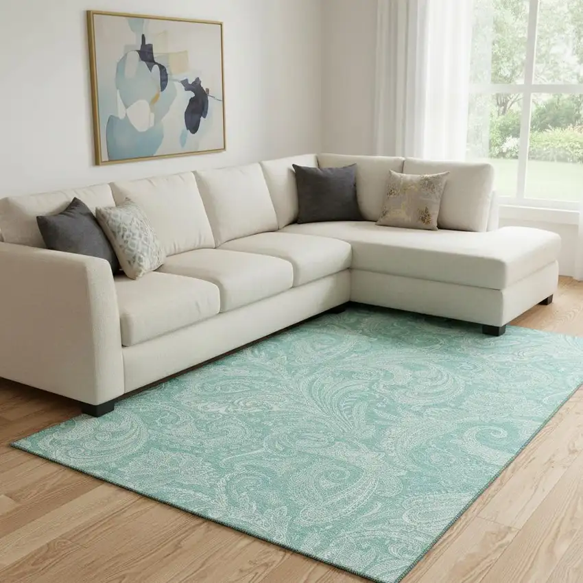 Teal And Ivory Paisley Washable Area Rug With UV Protection Photo 1