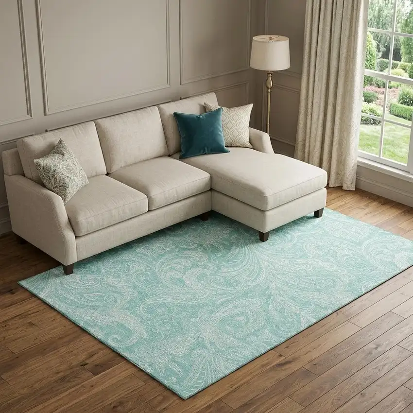 Teal And Ivory Paisley Washable Area Rug With UV Protection Photo 1