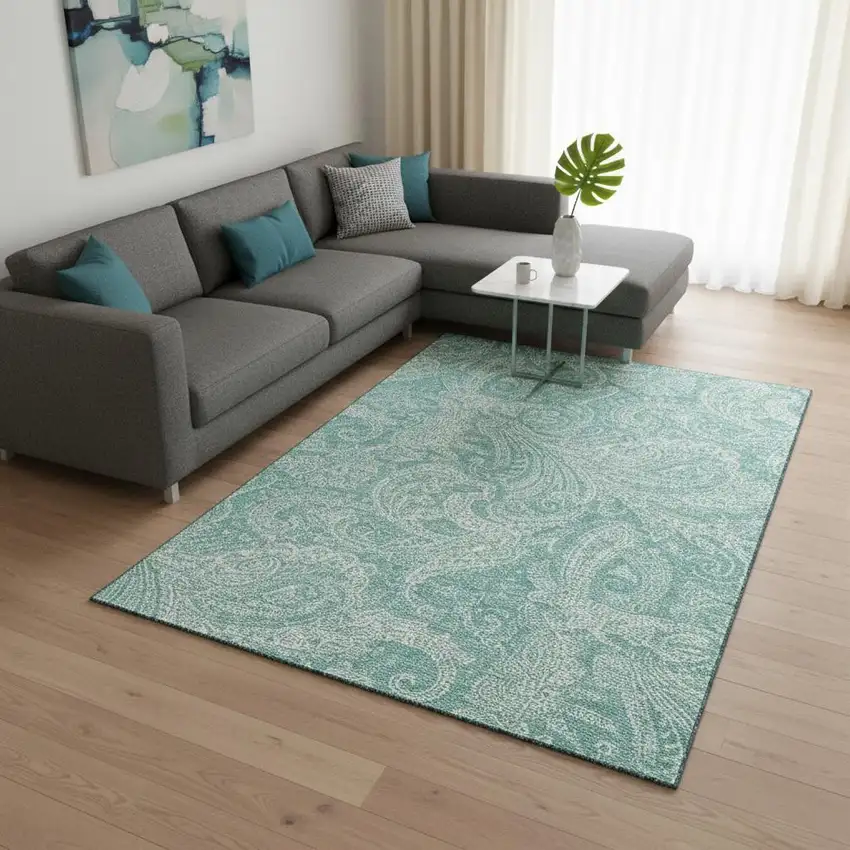 Teal And Ivory Paisley Washable Area Rug With UV Protection Photo 1