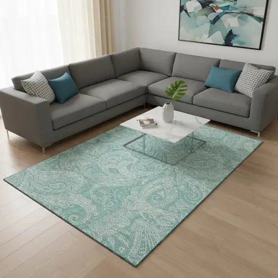 Teal And Ivory Paisley Washable Area Rug With UV Protection Photo 3