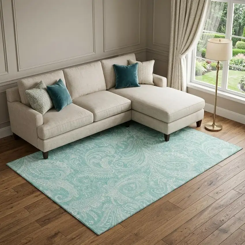 Teal And Ivory Paisley Washable Area Rug With UV Protection Photo 1