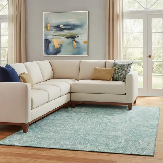 Teal And Ivory Paisley Washable Area Rug With UV Protection Photo 1