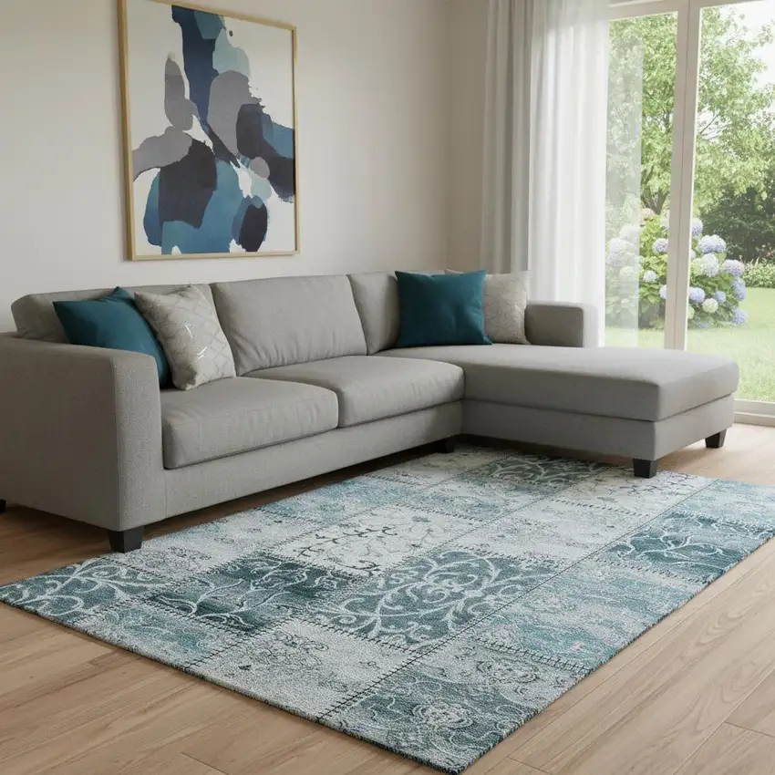 Teal And Ivory Patchwork Washable Area Rug With UV Protection Photo 1