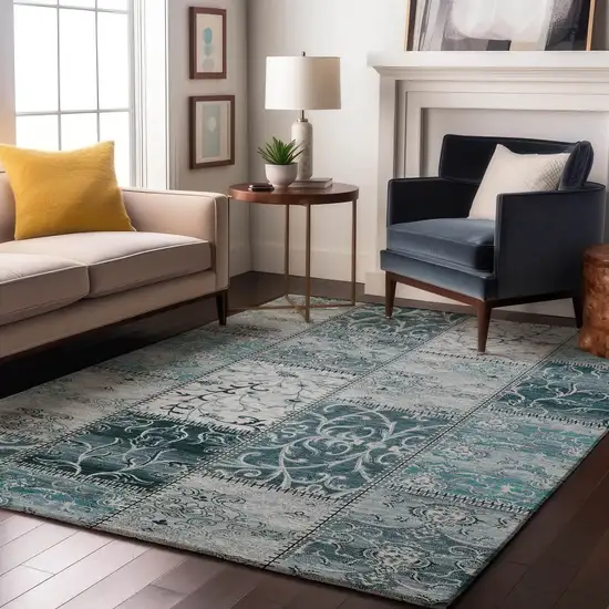 Teal And Ivory Patchwork Washable Area Rug With UV Protection Photo 4