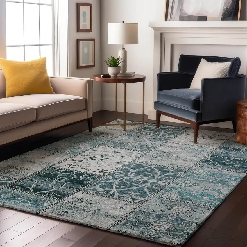 Teal And Ivory Patchwork Washable Area Rug With UV Protection Photo 4