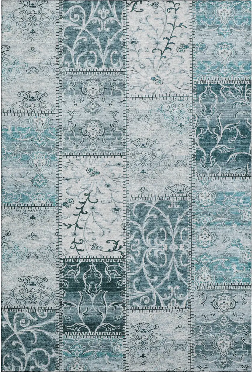 Teal And Ivory Patchwork Washable Area Rug With UV Protection Photo 1