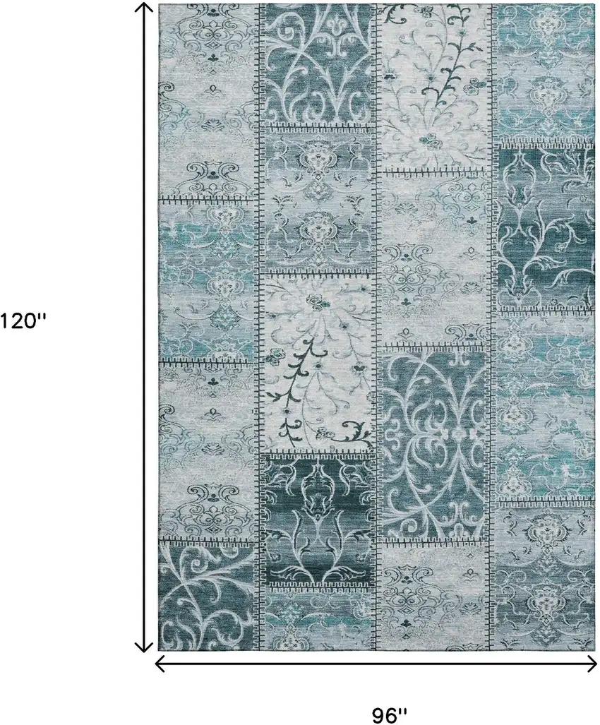Teal And Ivory Patchwork Washable Area Rug With UV Protection Photo 3