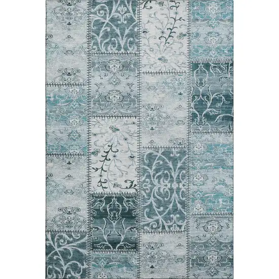 Teal And Ivory Patchwork Washable Area Rug With UV Protection Photo 1