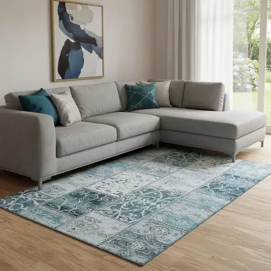 Teal And Ivory Patchwork Washable Area Rug With UV Protection Photo 1
