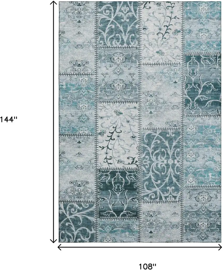 Teal And Ivory Patchwork Washable Area Rug With UV Protection Photo 3
