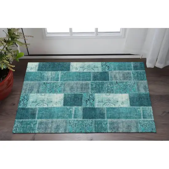 Teal And Ivory Patchwork Washable Area Rug With UV Protection Photo 2