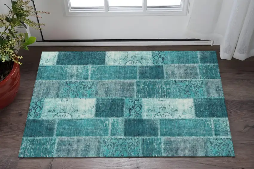 Teal And Ivory Patchwork Washable Area Rug With UV Protection Photo 2