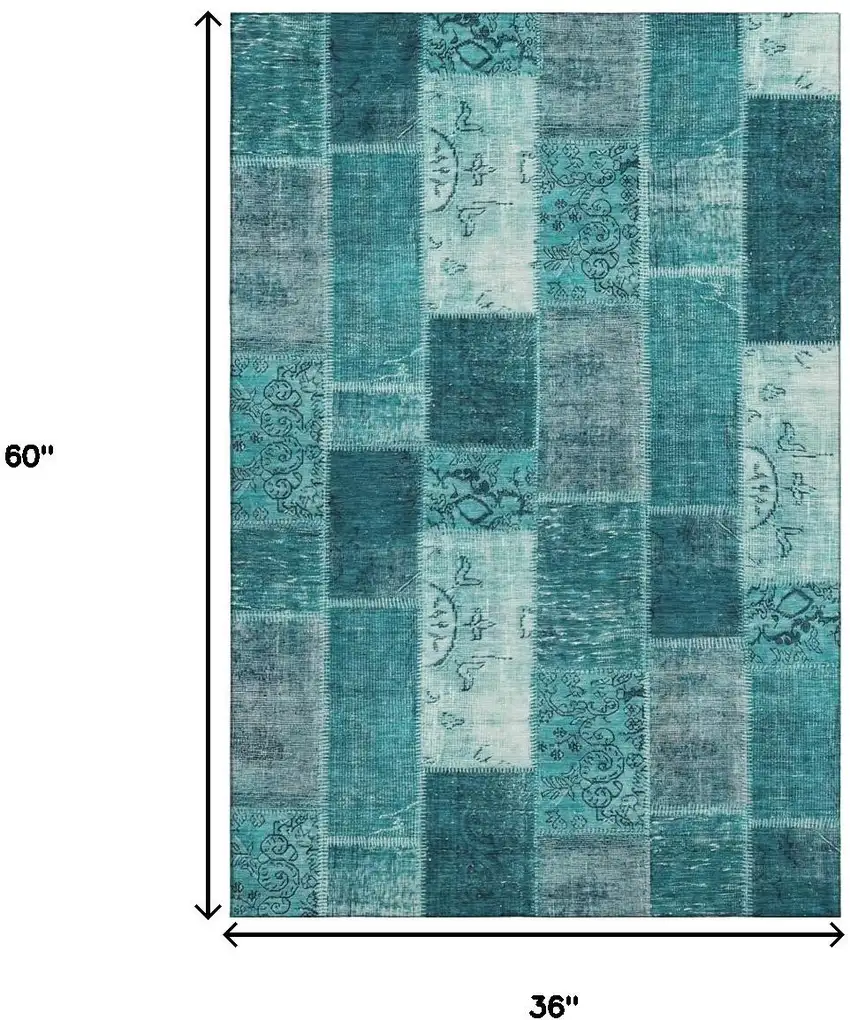 Teal And Ivory Patchwork Washable Area Rug With UV Protection Photo 9