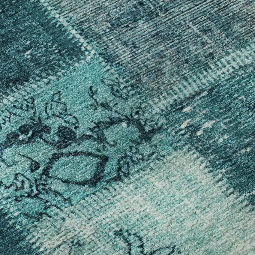 Teal And Ivory Patchwork Washable Area Rug With UV Protection Photo 8