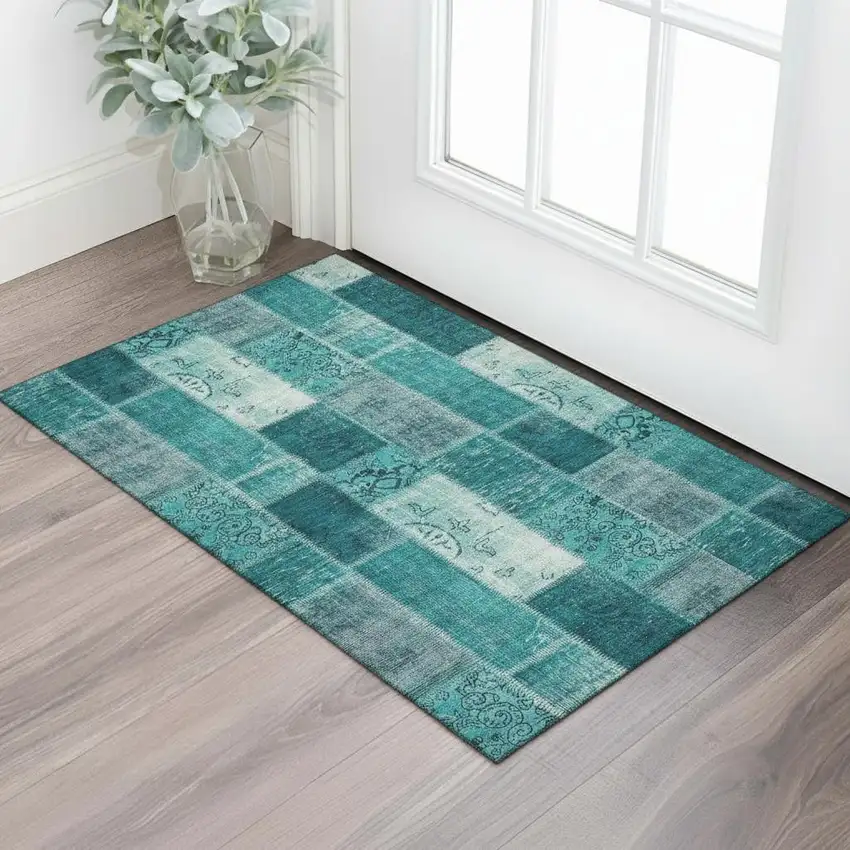 Teal And Ivory Patchwork Washable Area Rug With UV Protection Photo 1