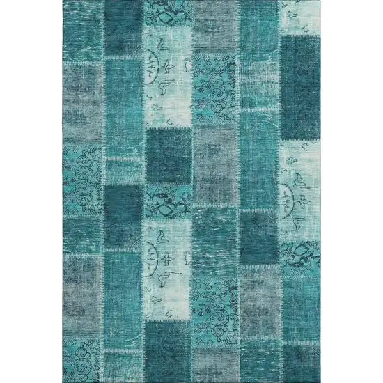 Teal And Ivory Patchwork Washable Area Rug With UV Protection Photo 1