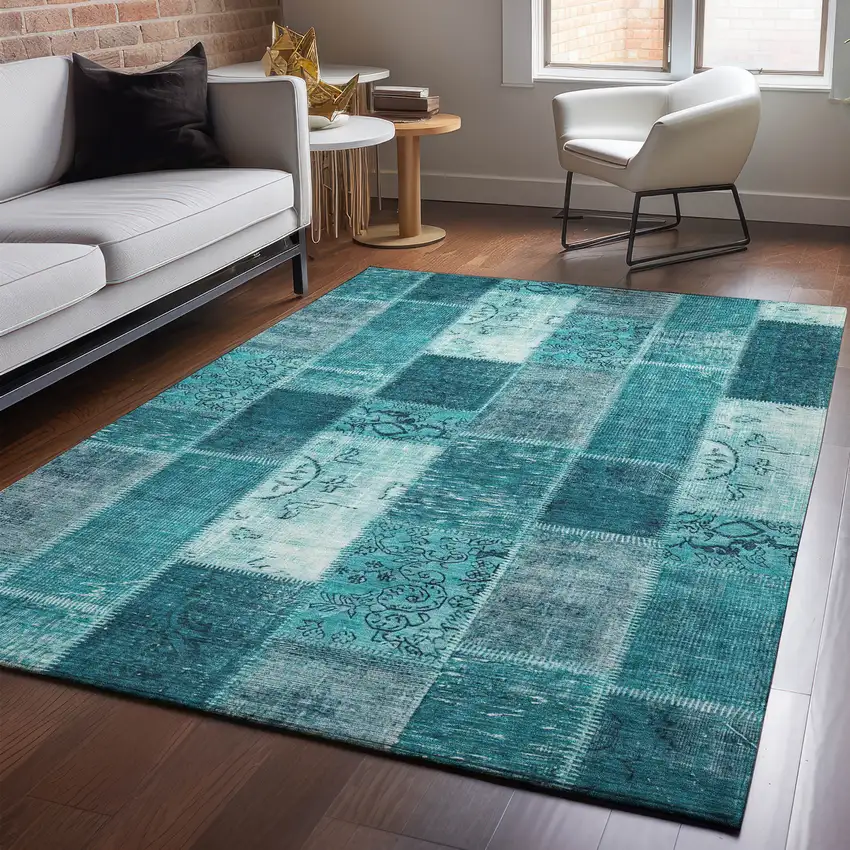 Teal And Ivory Patchwork Washable Area Rug With UV Protection Photo 3