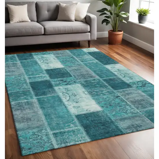 Teal And Ivory Patchwork Washable Area Rug With UV Protection Photo 2