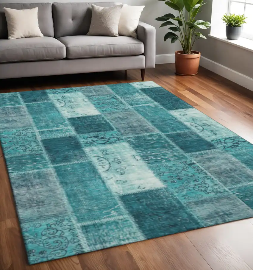 Teal And Ivory Patchwork Washable Area Rug With UV Protection Photo 2