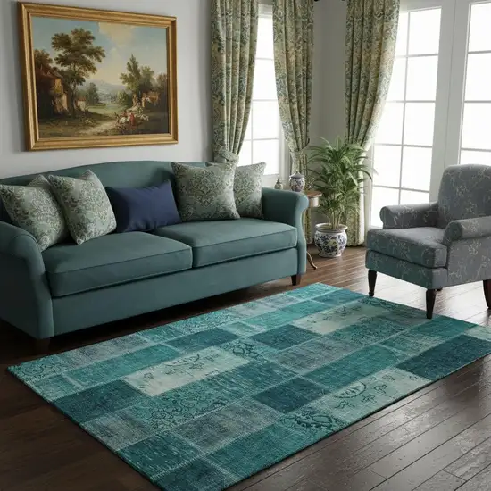 Teal And Ivory Patchwork Washable Area Rug With UV Protection Photo 1