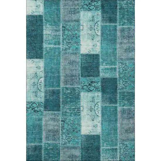Teal And Ivory Patchwork Washable Area Rug With UV Protection Photo 3