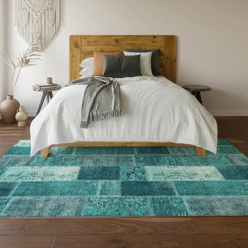 Teal And Ivory Patchwork Washable Area Rug With UV Protection Photo 5