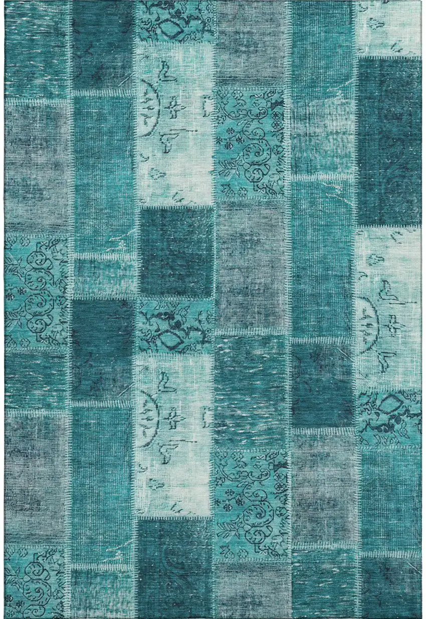 Teal And Ivory Patchwork Washable Area Rug With UV Protection Photo 1