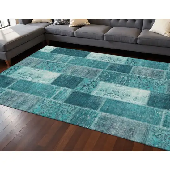 Teal And Ivory Patchwork Washable Area Rug With UV Protection Photo 2