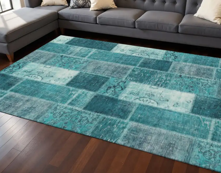 Teal And Ivory Patchwork Washable Area Rug With UV Protection Photo 2