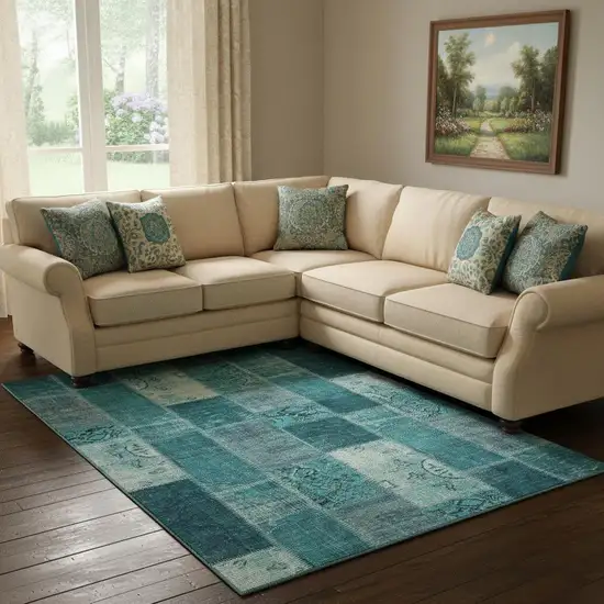 Teal And Ivory Patchwork Washable Area Rug With UV Protection Photo 1