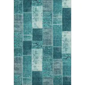 Photo of Teal And Ivory Patchwork Washable Area Rug With UV Protection