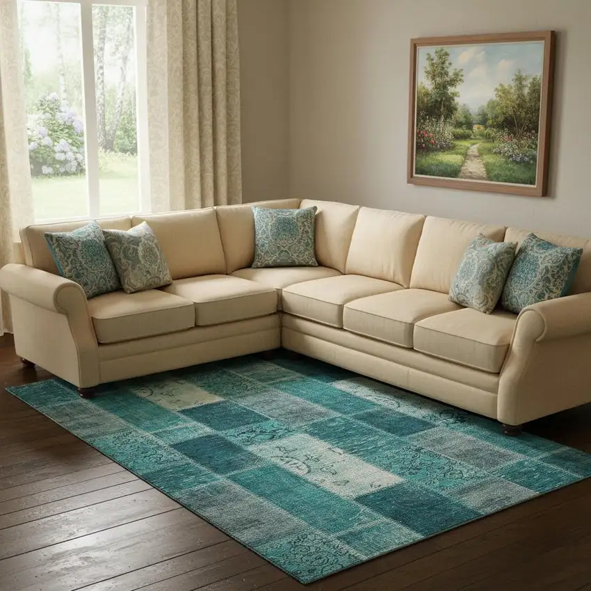 Teal And Ivory Patchwork Washable Area Rug With UV Protection Photo 1