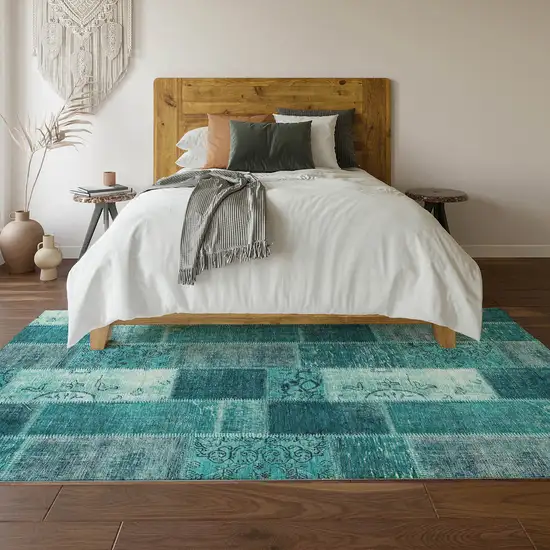 Teal And Ivory Patchwork Washable Area Rug With UV Protection Photo 5