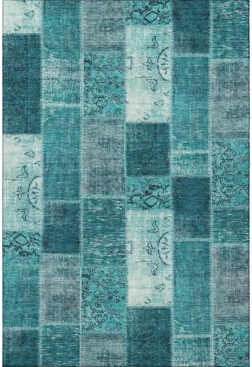 Teal And Ivory Patchwork Washable Area Rug With UV Protection Photo 4