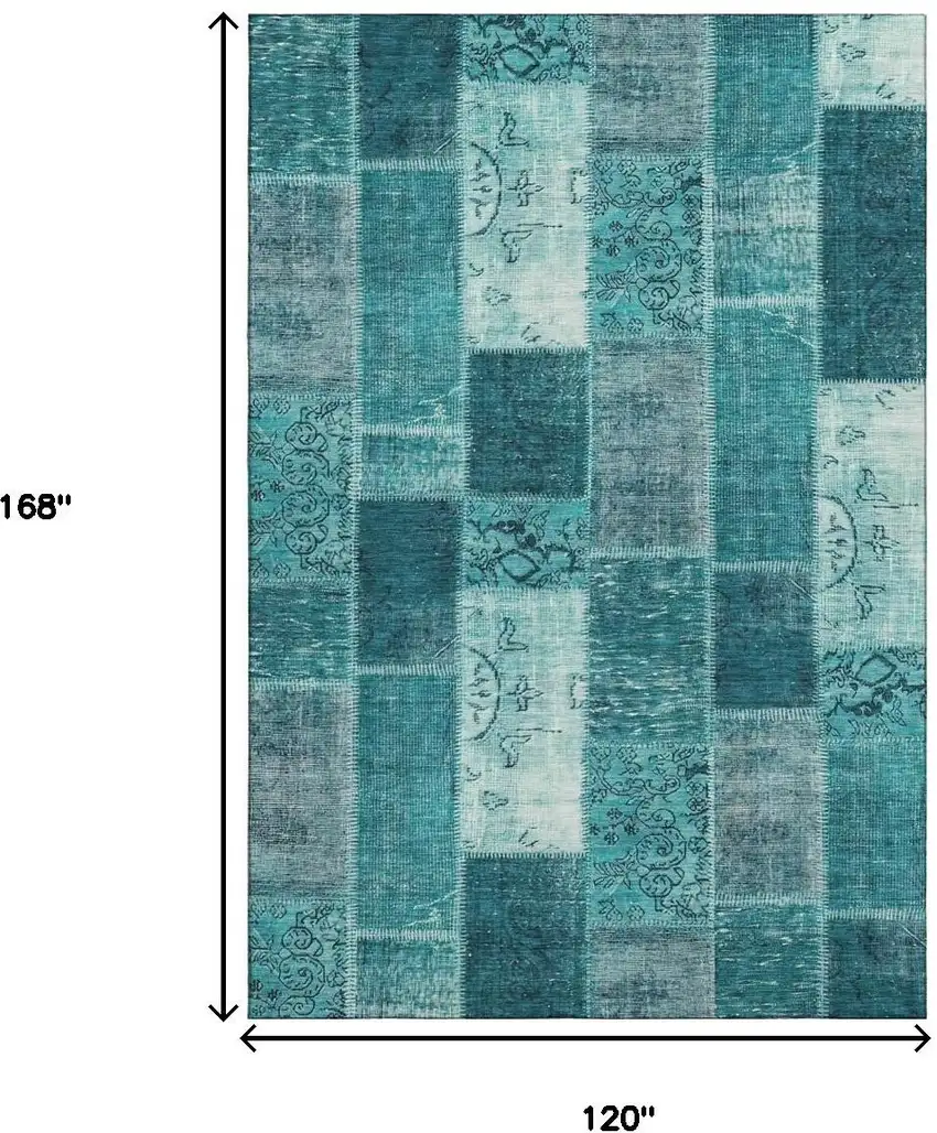 Teal And Ivory Patchwork Washable Area Rug With UV Protection Photo 3