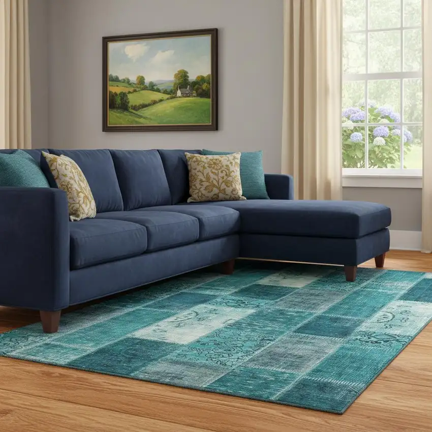 Teal And Ivory Patchwork Washable Area Rug With UV Protection Photo 1