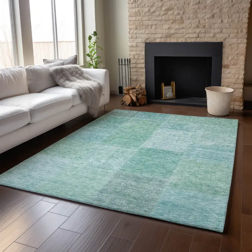 Teal And Ivory Patchwork Washable Area Rug With UV Protection Photo 5