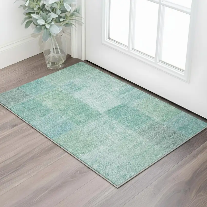 Teal And Ivory Patchwork Washable Area Rug With UV Protection Photo 2