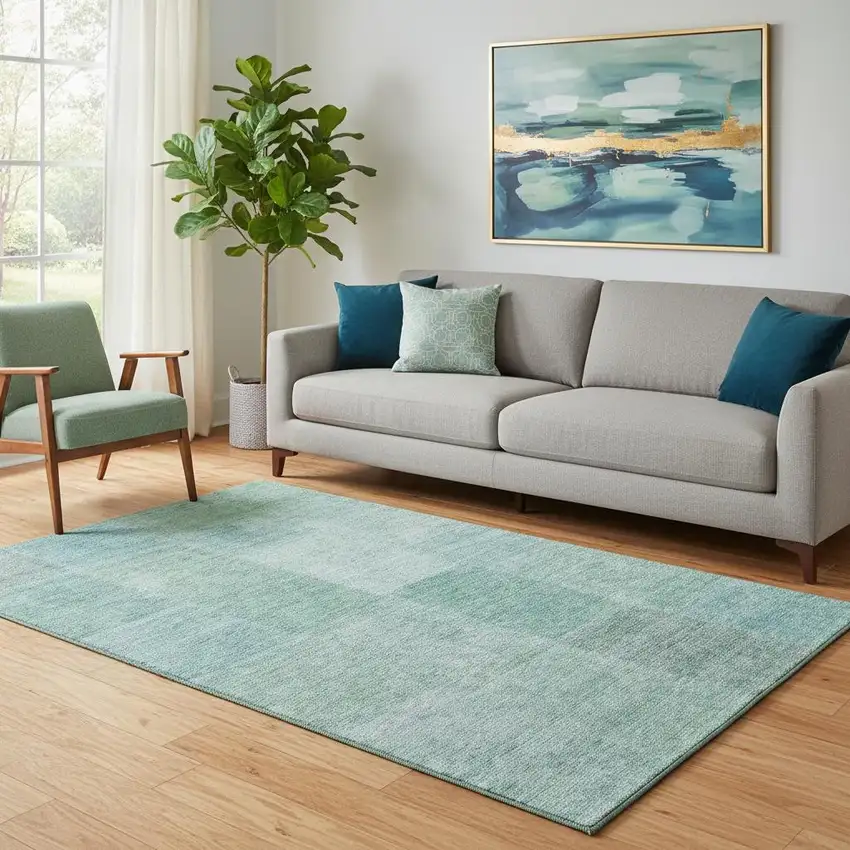 Teal And Ivory Patchwork Washable Area Rug With UV Protection Photo 1