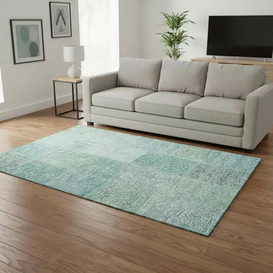 Teal And Ivory Patchwork Washable Area Rug With UV Protection Photo 1