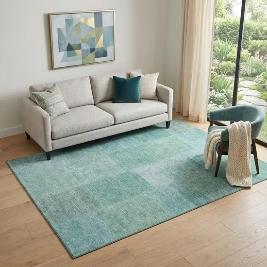 Teal And Ivory Patchwork Washable Area Rug With UV Protection Photo 1