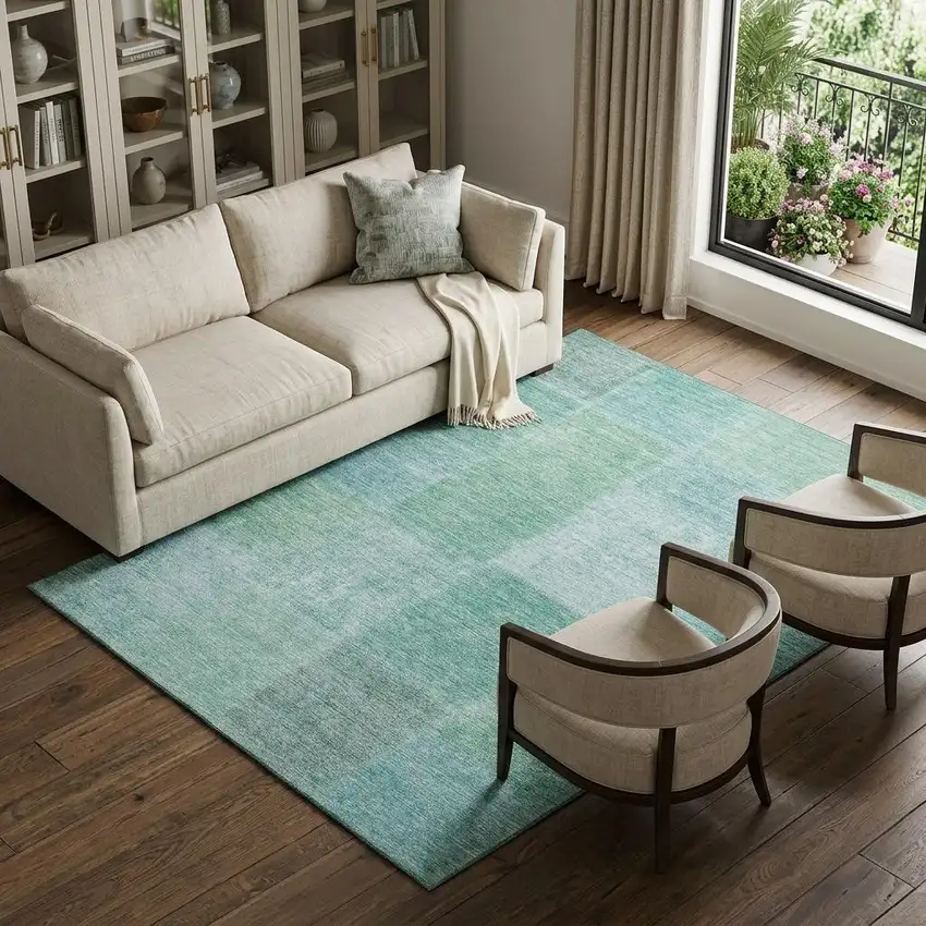 Teal And Ivory Patchwork Washable Area Rug With UV Protection Photo 1