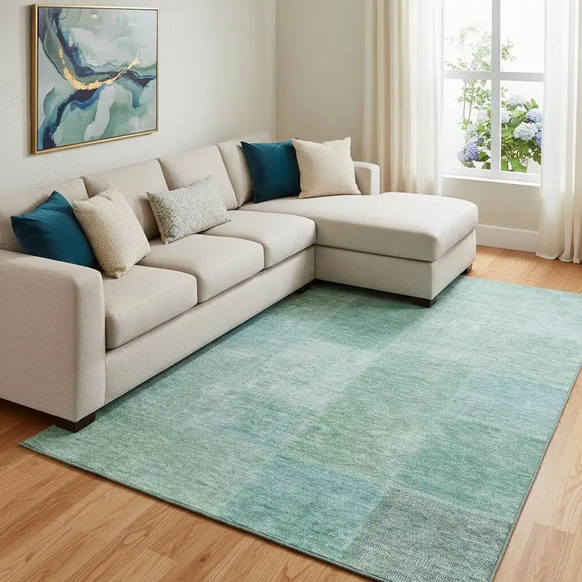 Teal And Ivory Patchwork Washable Area Rug With UV Protection Photo 1