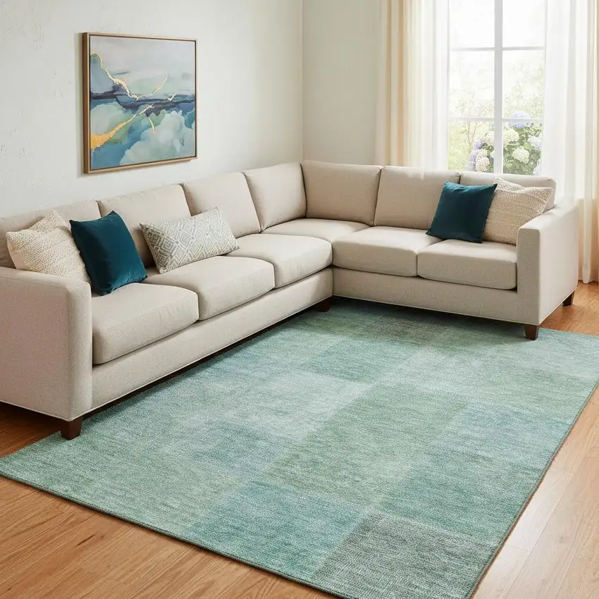 Teal And Ivory Patchwork Washable Area Rug With UV Protection Photo 1
