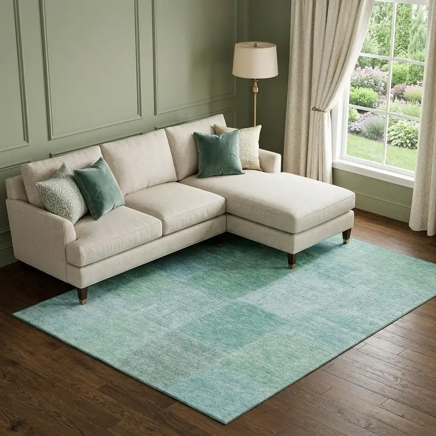 Teal And Ivory Patchwork Washable Area Rug With UV Protection Photo 1