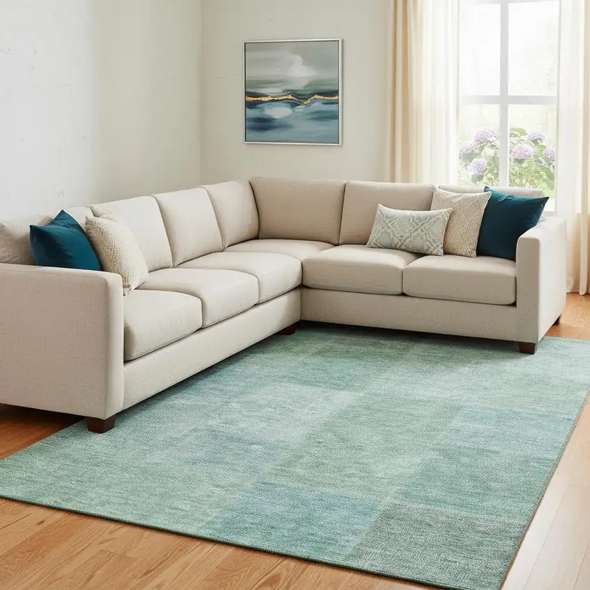 Teal And Ivory Patchwork Washable Area Rug With UV Protection Photo 1
