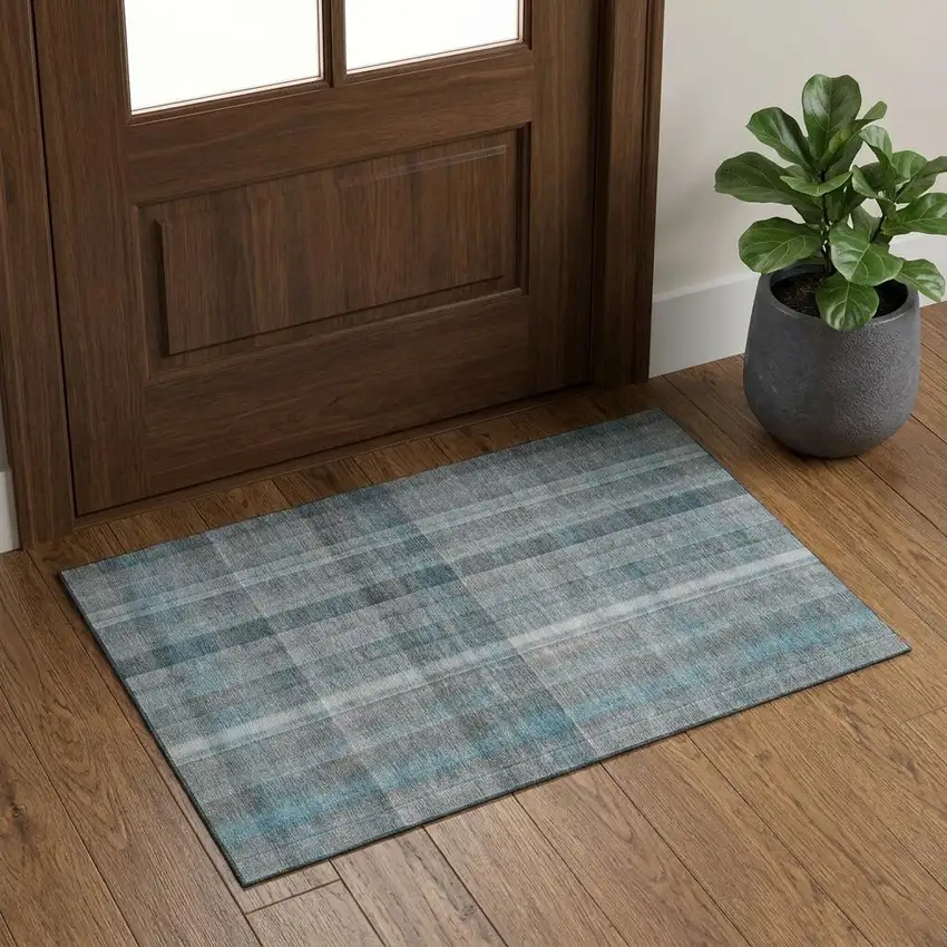 Teal And Ivory Plaid Washable Area Rug With UV Protection Photo 1