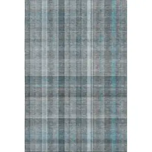 Photo of Teal And Ivory Plaid Washable Area Rug With UV Protection