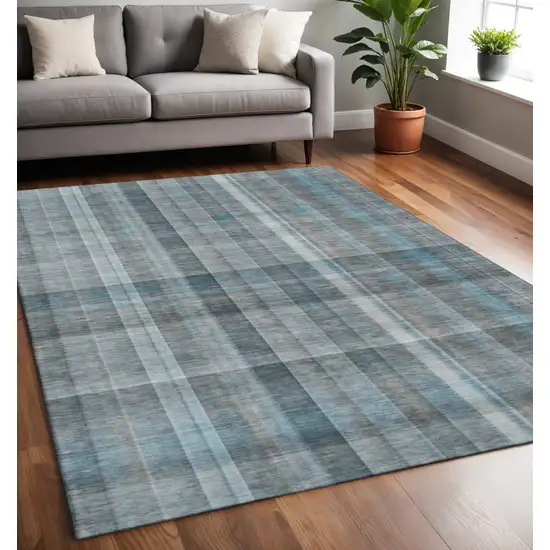 Teal And Ivory Plaid Washable Area Rug With UV Protection Photo 2