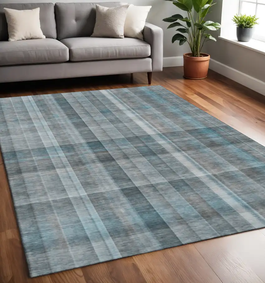 Teal And Ivory Plaid Washable Area Rug With UV Protection Photo 2